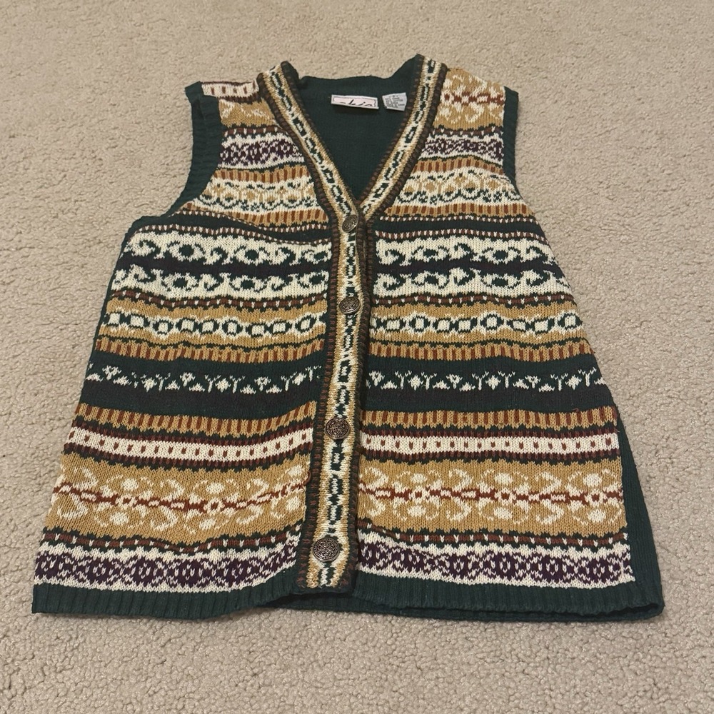 Vintage CHIC Women's Fair Isle Sweater Vest Grandma Green Cream Size Small